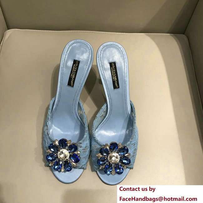 Dolce  &  Gabbana Heel 7cm Slippers Light Blue In Lace With Crystals 2018